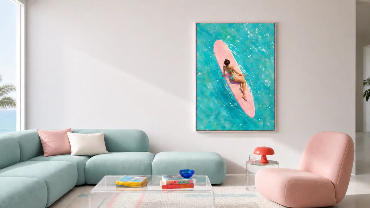 Contemporary living room with a framed turquoise and pink surfing artwork