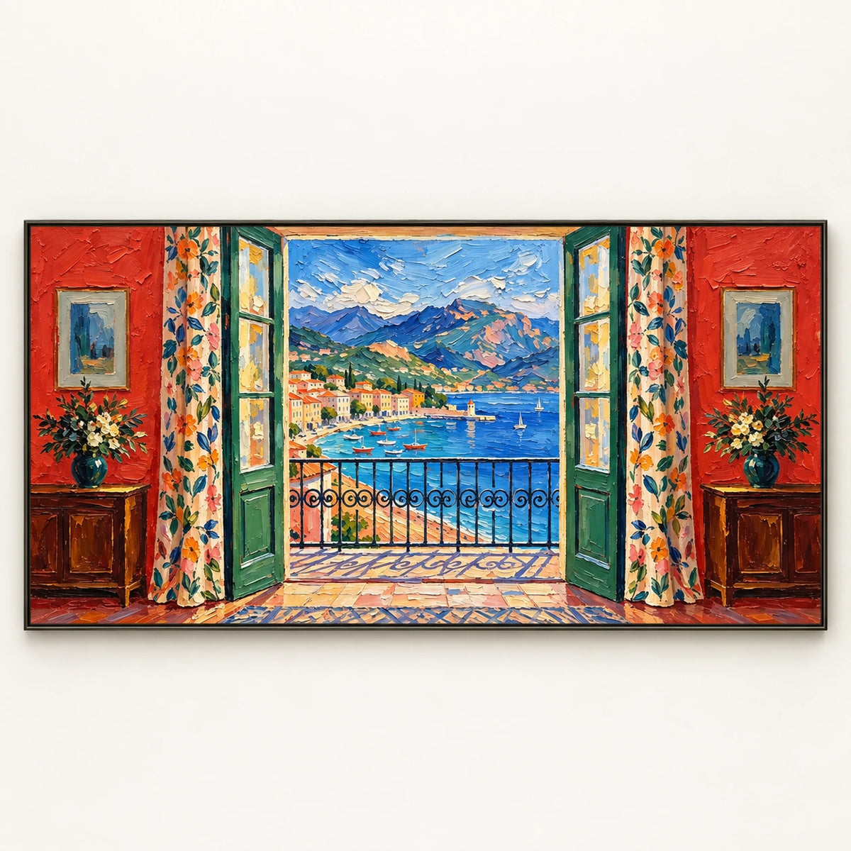 Hand-Painted Artwork | Mediterranean Balcony View [noon:detail:framed-front]