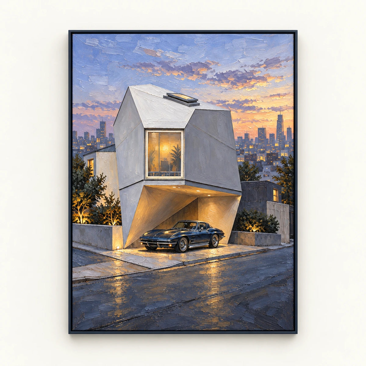 Hand-Painted Artwork | Dusk House with a Classic Ca [noon:detail:framed-front]