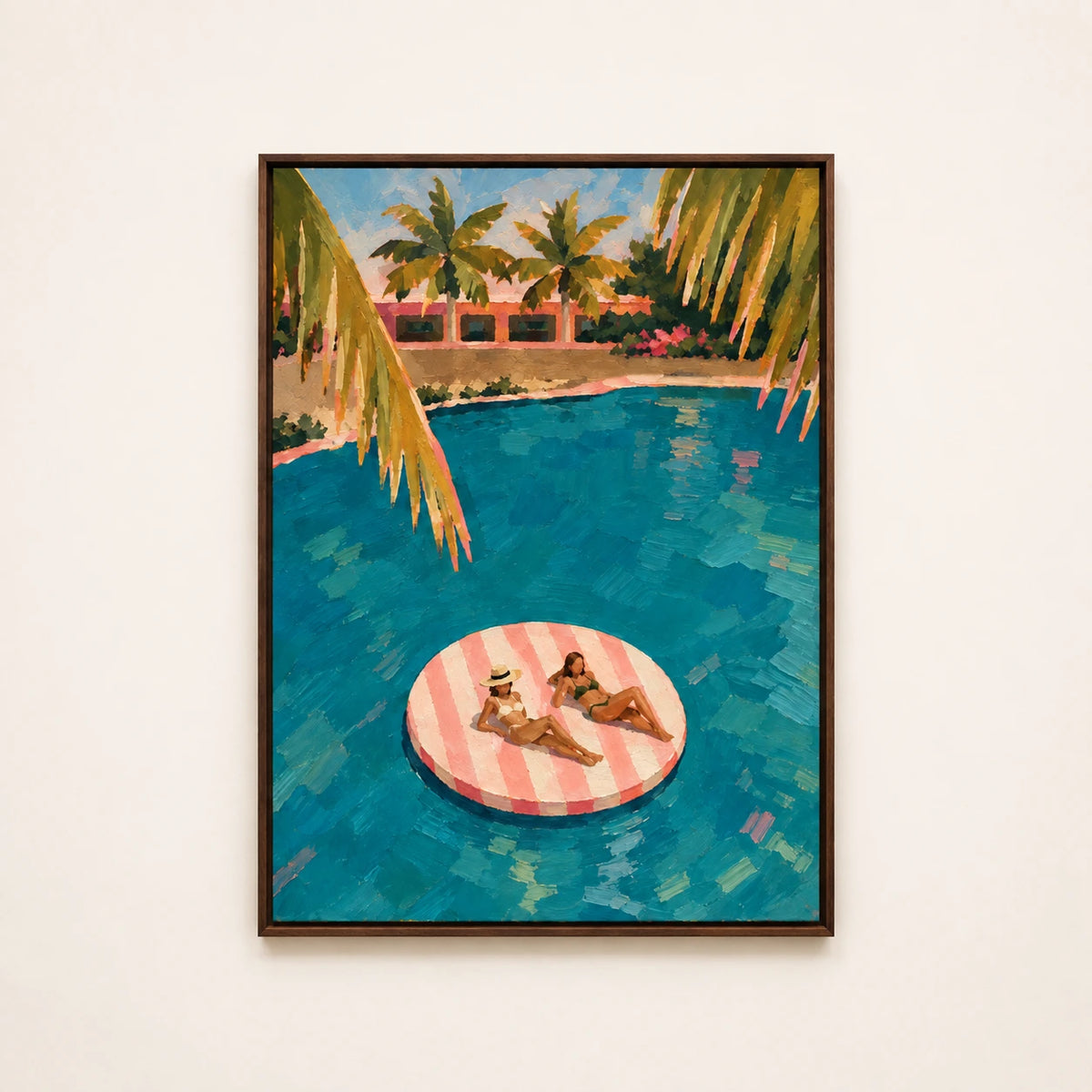 Hand-Painted Artwork | Pink Float in Palm Wate [noon:detail:framed-front]