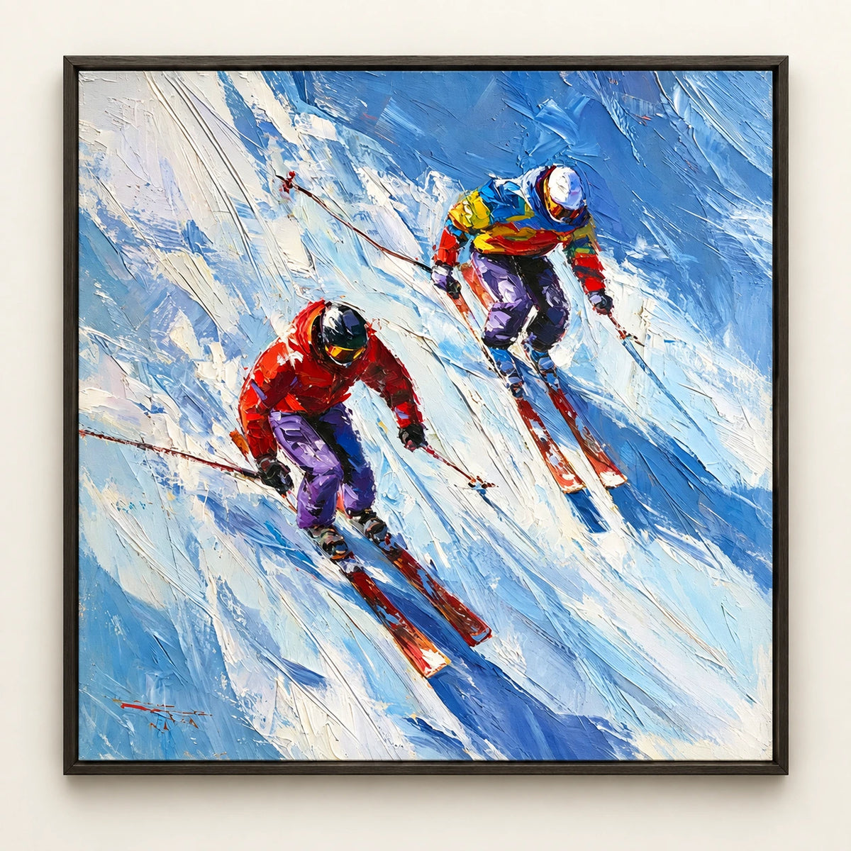 Hand-Painted Artwork | Downhill Skiers [noon:detail:framed-front]