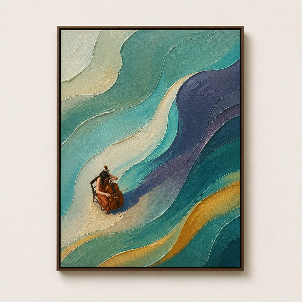 Hand-Painted Artwork | Cellist in the Curre [noon:detail:framed-front]