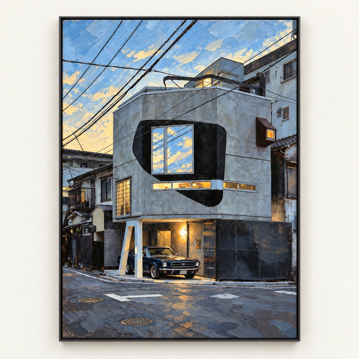Hand-Painted Artwork | Blue Hour Garage Stree [noon:detail:framed-front]