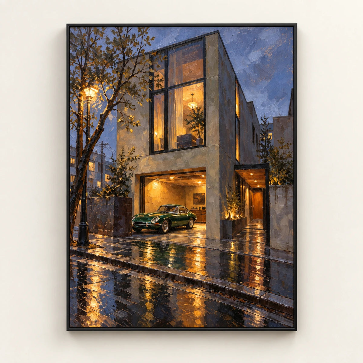 Hand-Painted Artwork | Rainlit Modern House [noon:detail:framed-front]