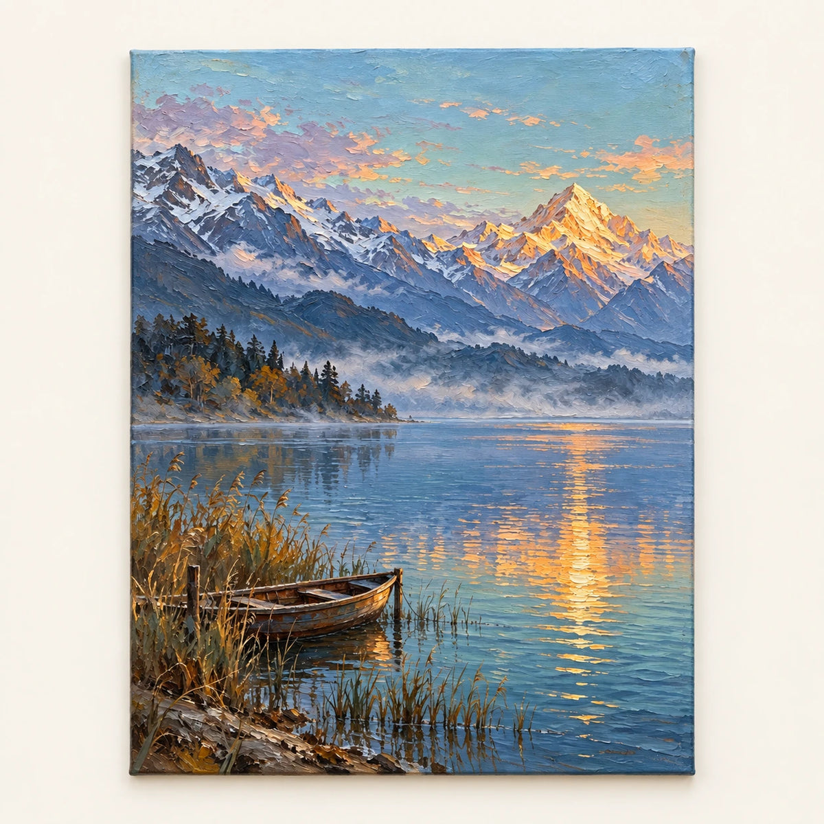 golden hour mountain lake, artwork