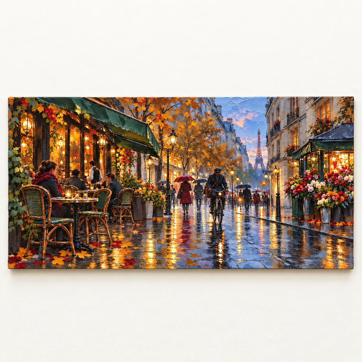cafe lights on a rainy paris street, artwork