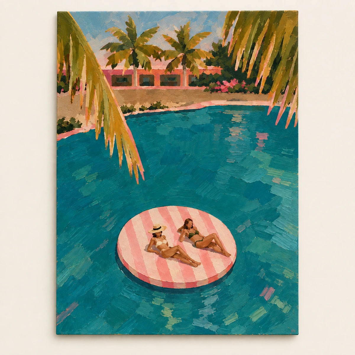 pink float in palm water, artwork