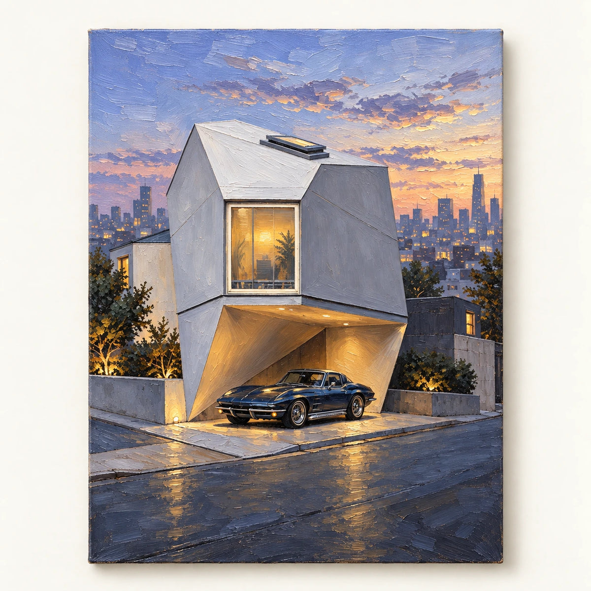 dusk house with a classic car, artwork