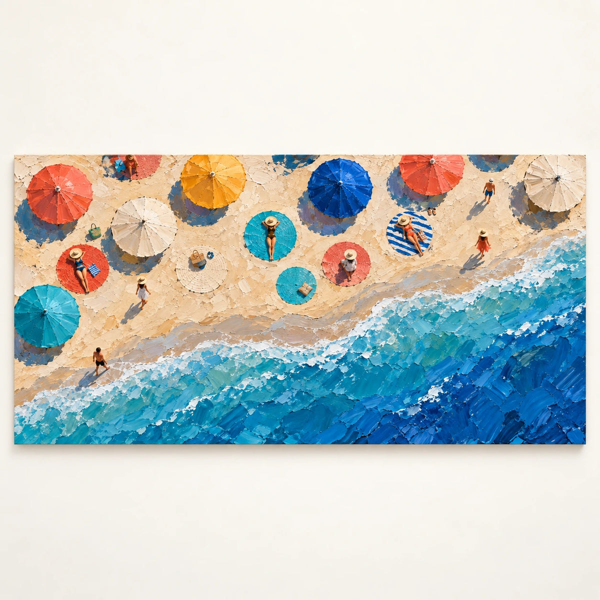 beach umbrellas and breaking waves, artwork