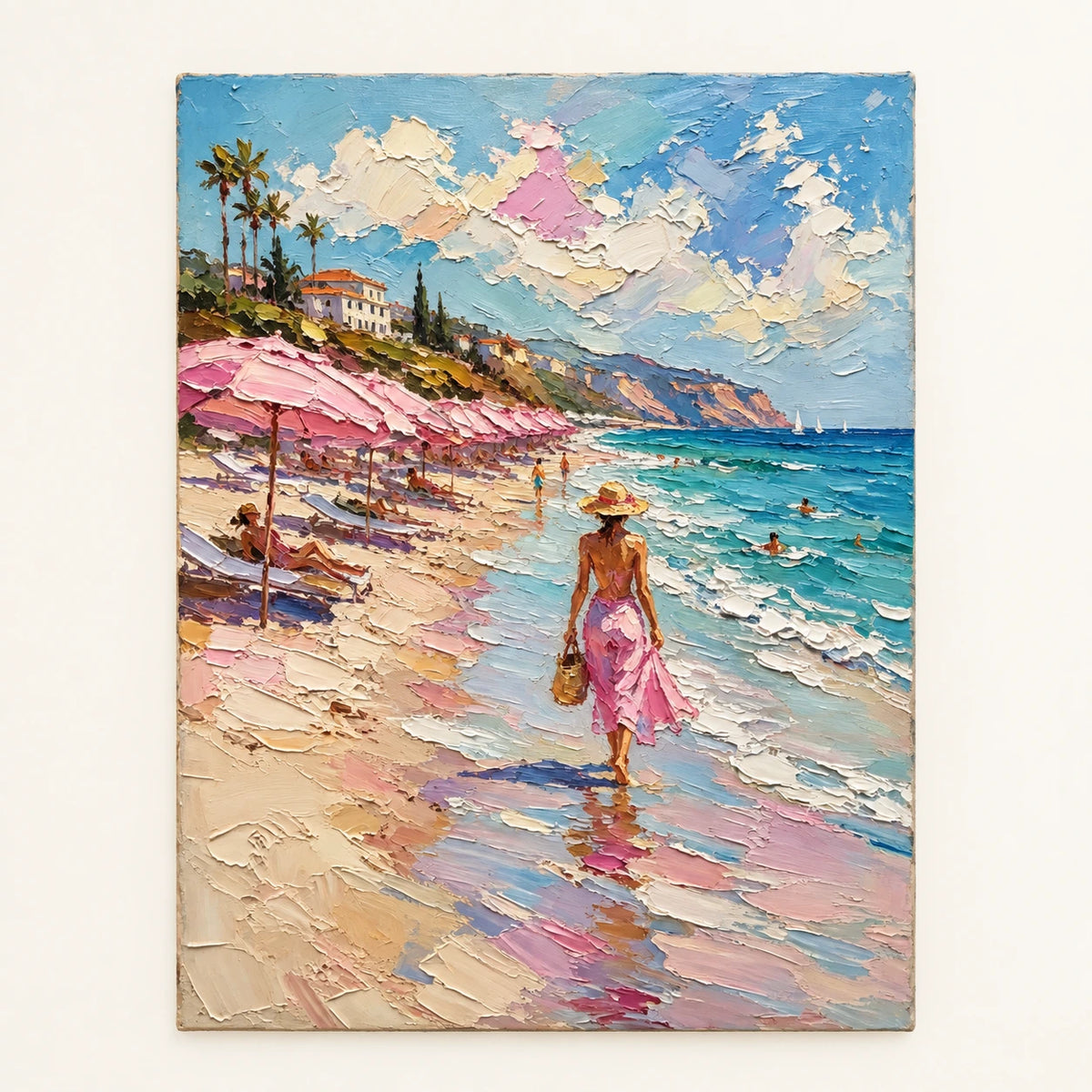 pink umbrellas by the sea, artwork