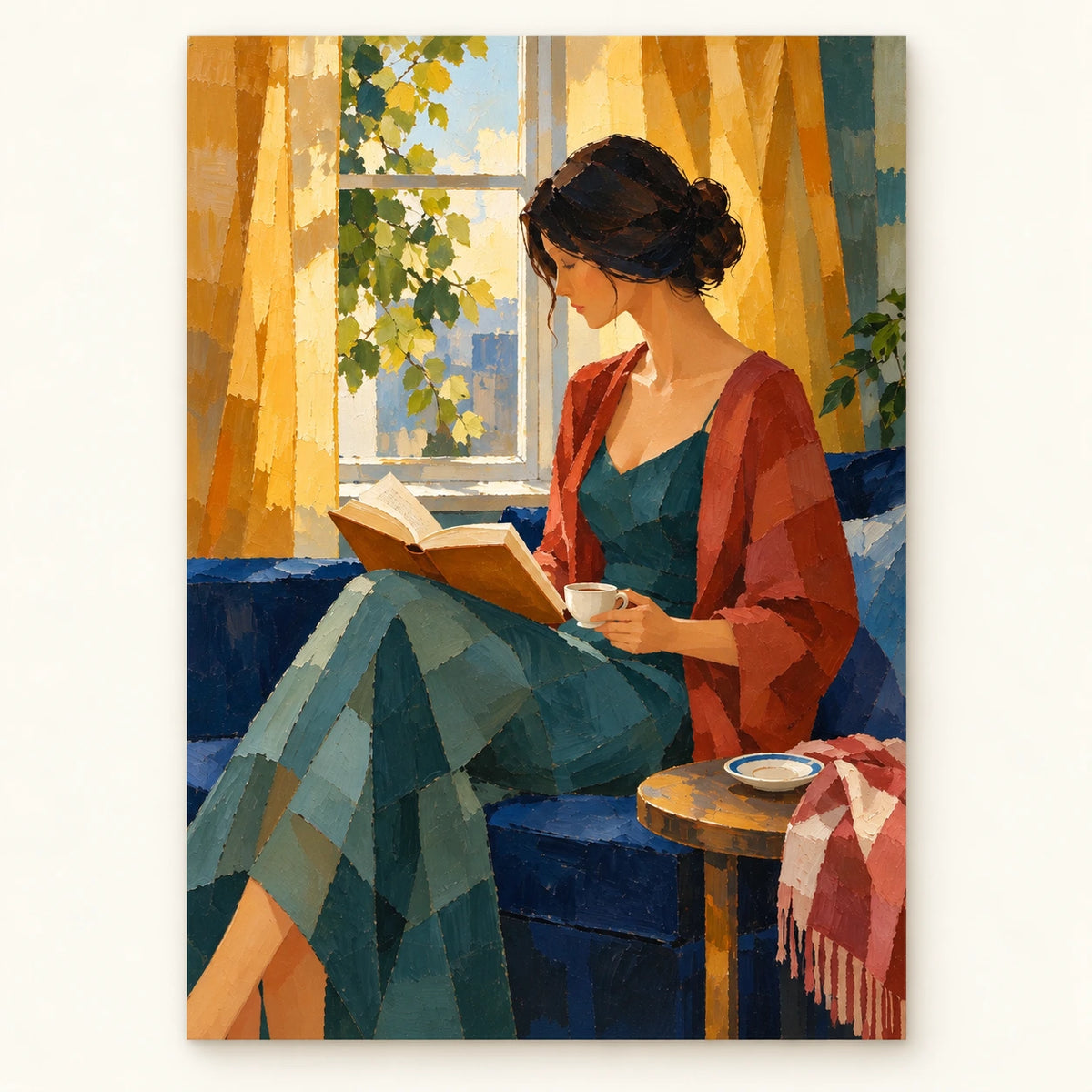 reading by the sunlit window, artwork