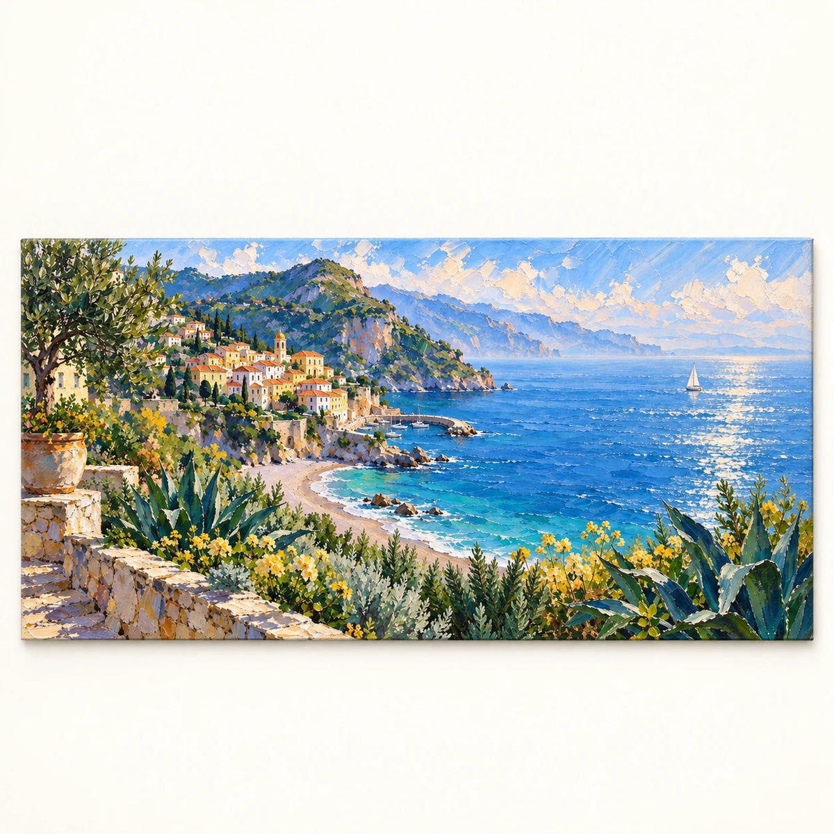 coastal village by the blue sea, artwork