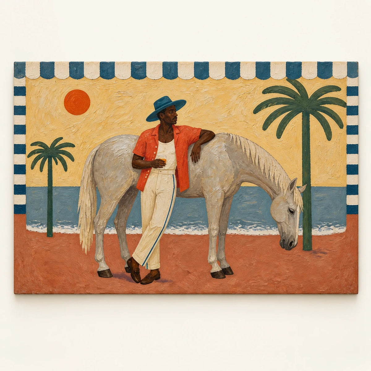 man and horse by the sea, artwork