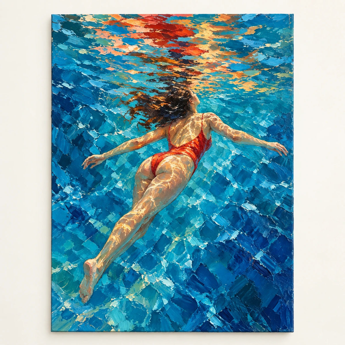 red swimmer in open water, artwork