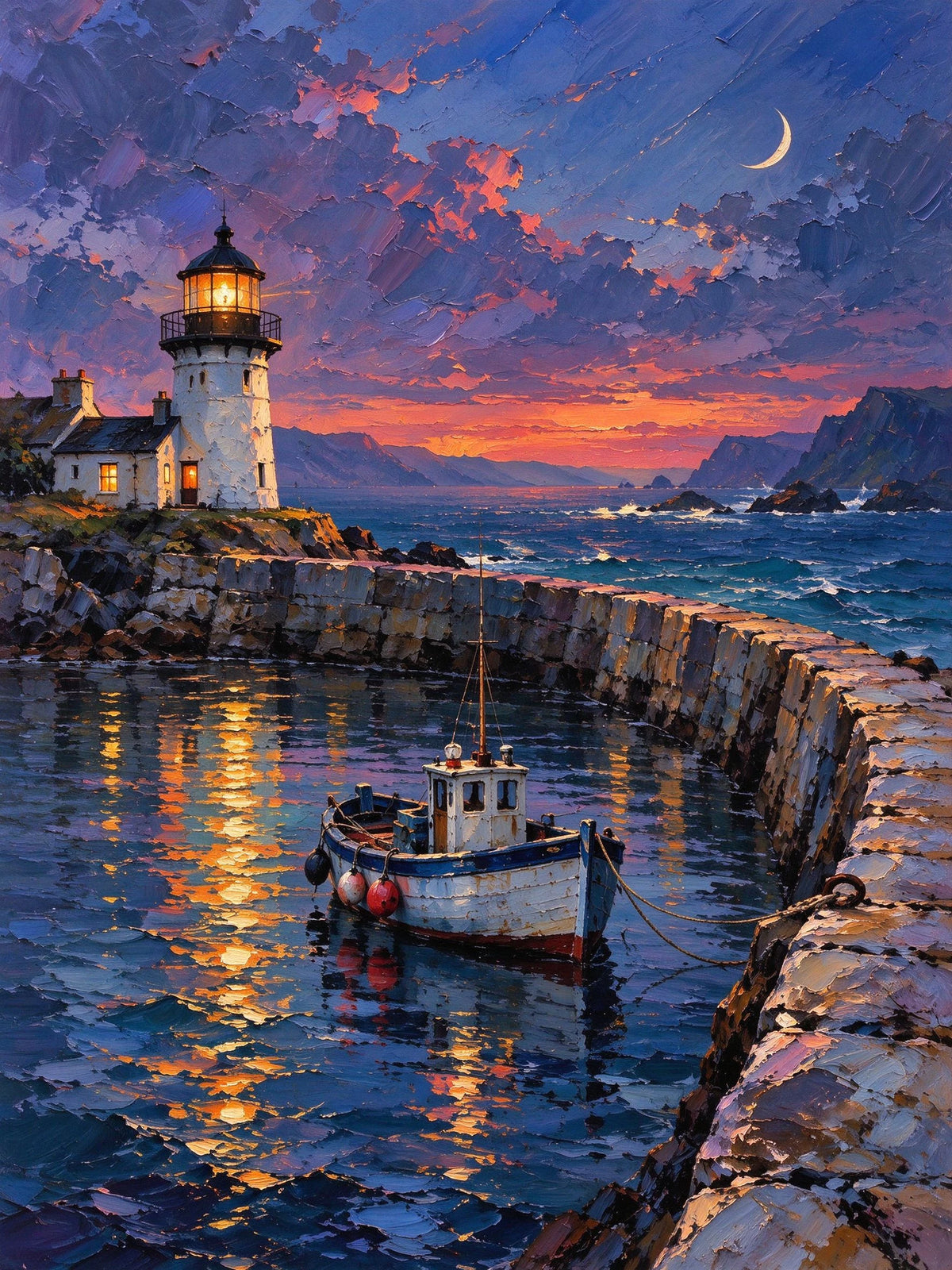 lighthouse harbor at dusk, artwork