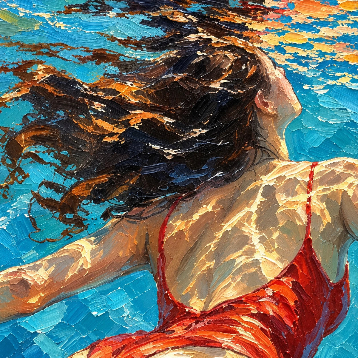 red swimmer in open water, paint texture