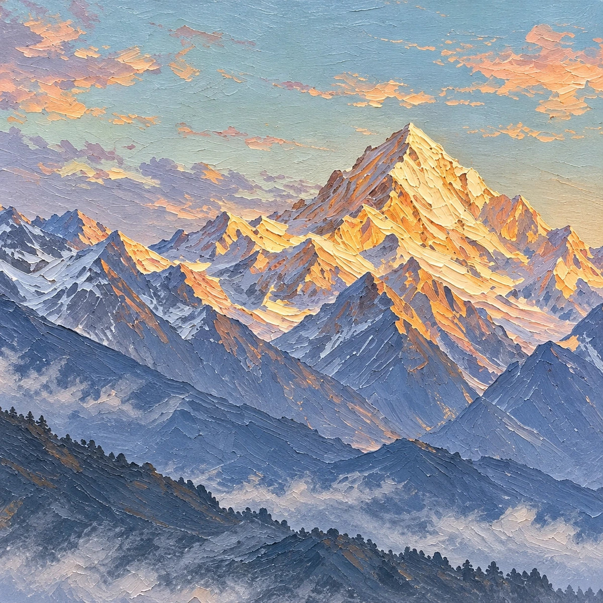 golden hour mountain lake, paint texture