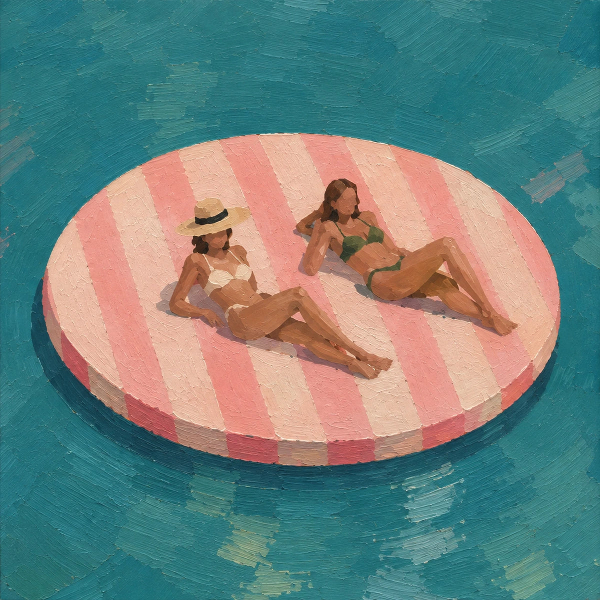 pink float in palm water, paint texture