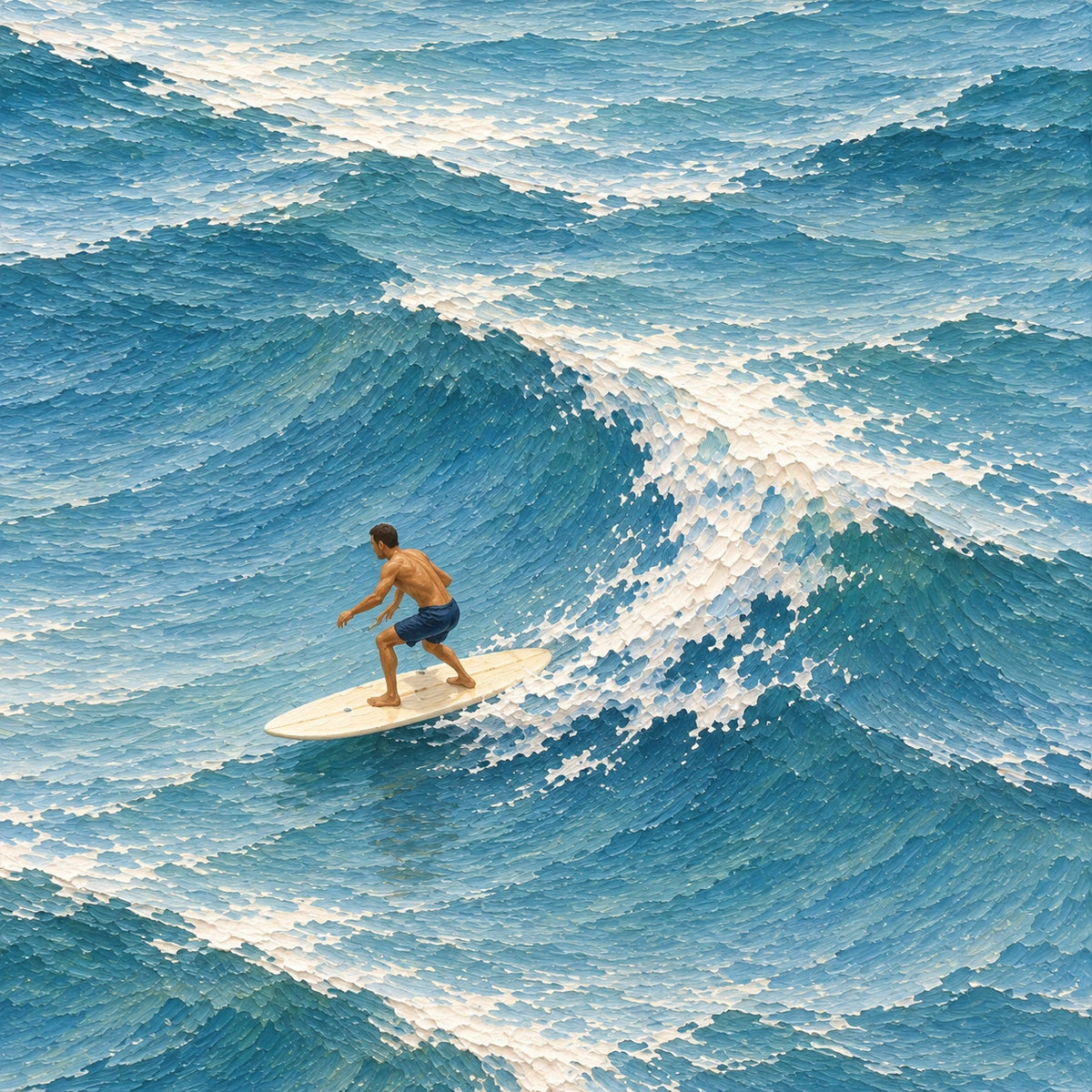 Hand-Painted Artwork | Surfing Through Blue Waves [noon:detail:texture]