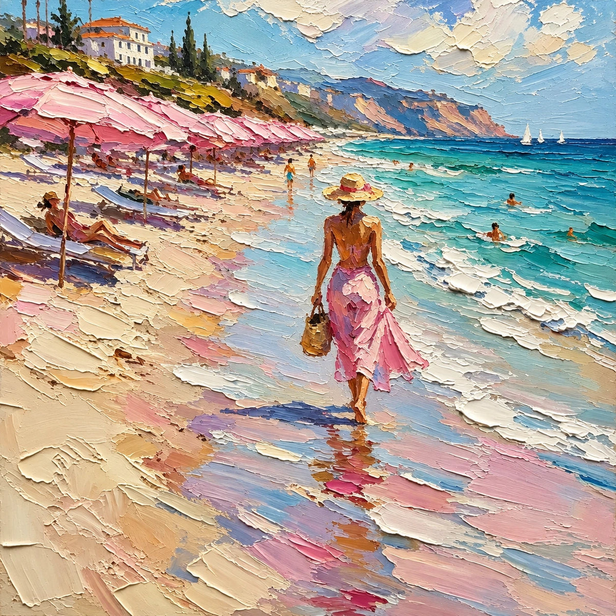 pink umbrellas by the sea, paint texture