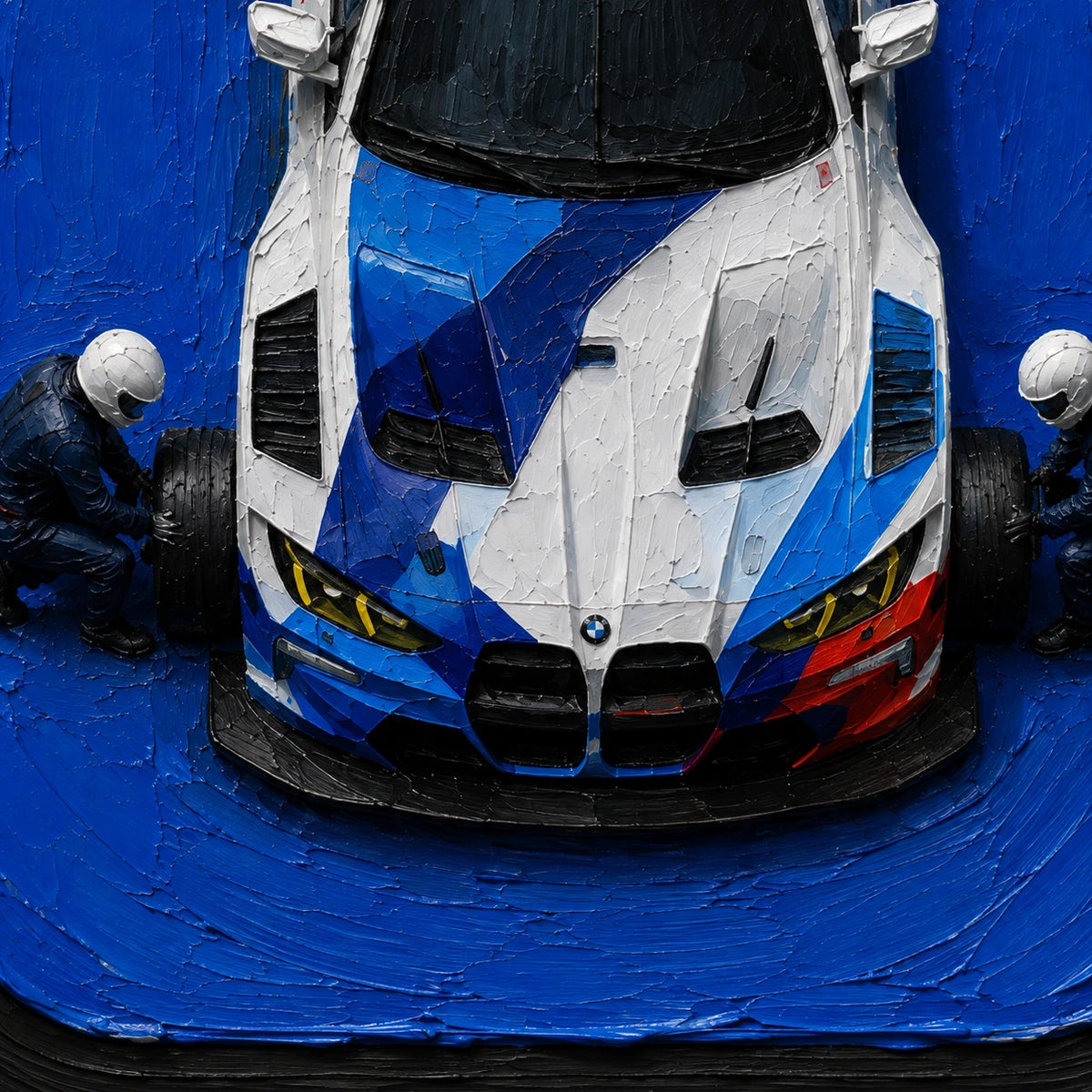 pit crew in blue, paint texture
