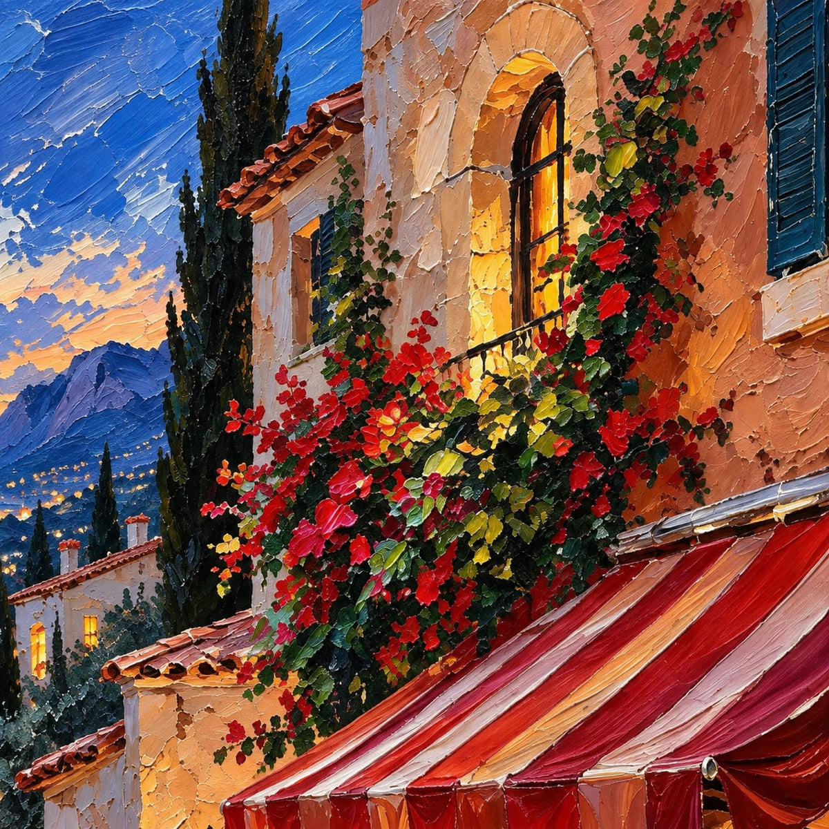 Hand-Painted Artwork | Lanterns Above the Azure Bay [noon:detail:texture]