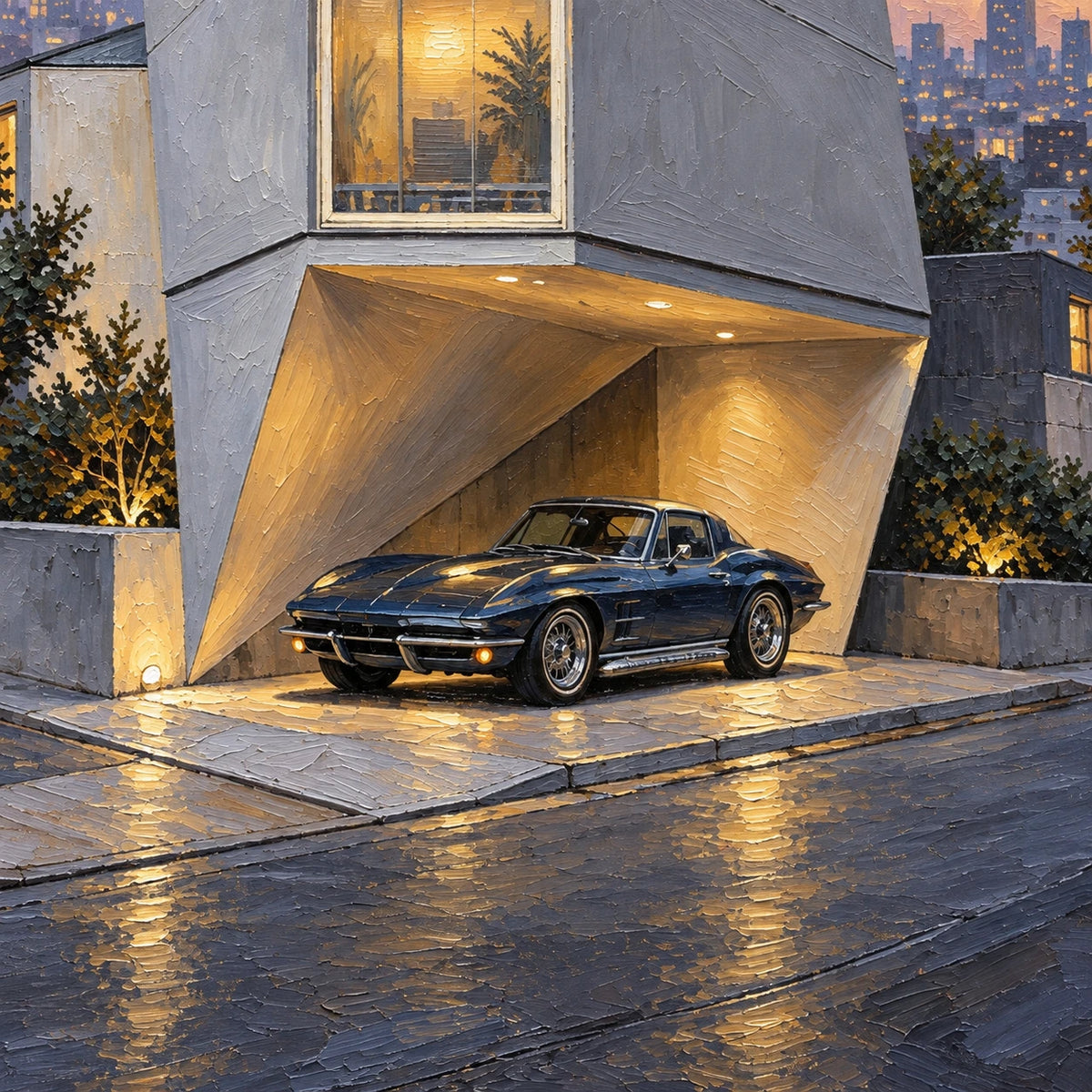 dusk house with a classic car, paint texture