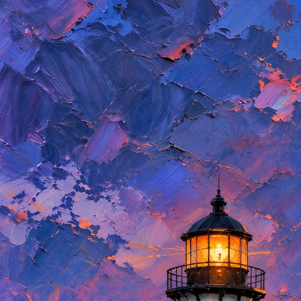 lighthouse harbor at dusk, paint texture