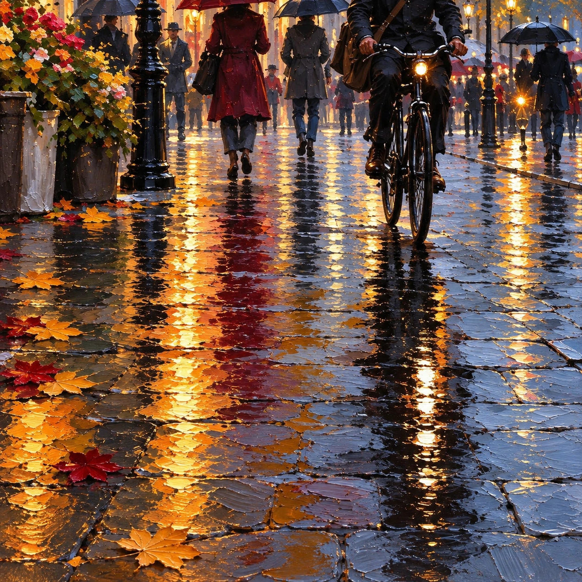 cafe lights on a rainy paris street, paint texture