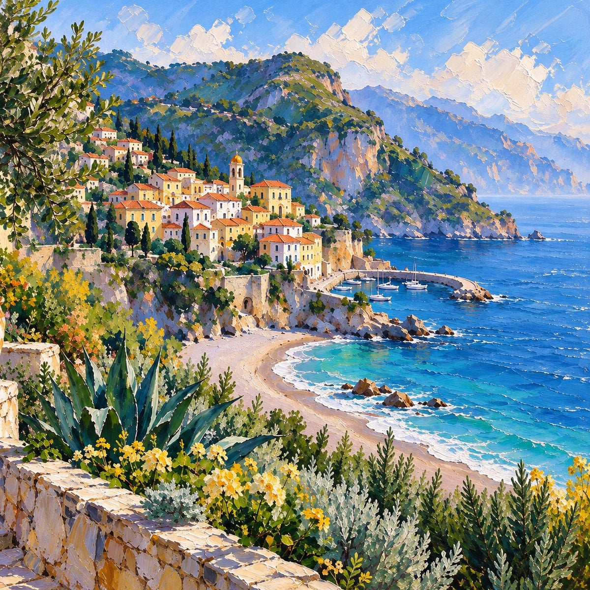 coastal village by the blue sea, composition