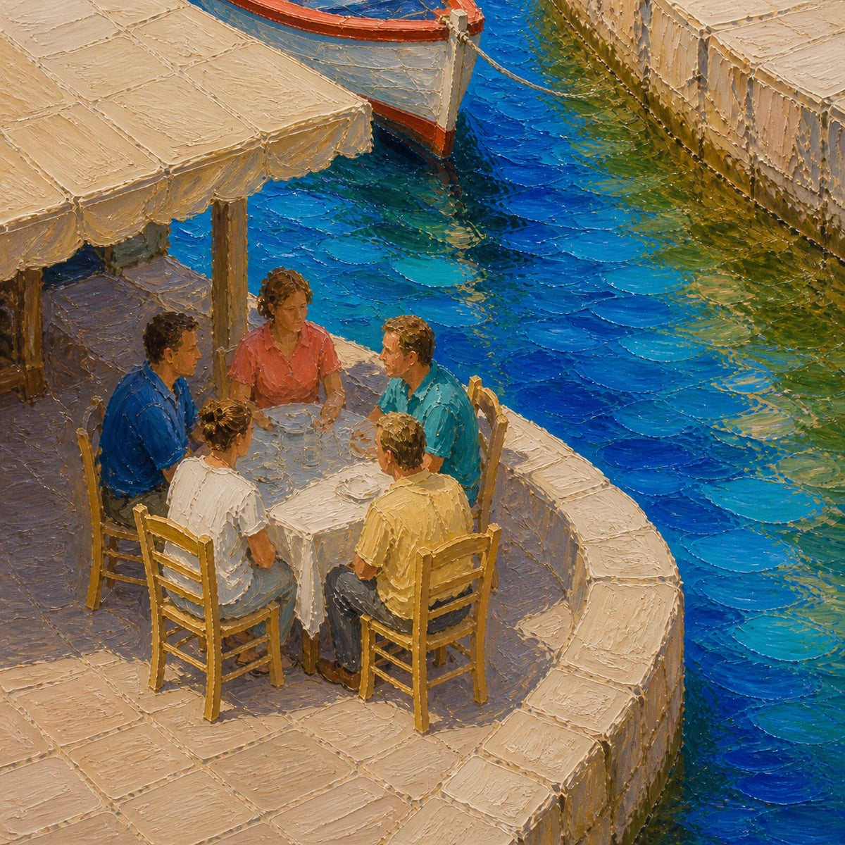 Hand-Painted Artwork | Lunch by the Blue Harbo [noon:detail:composition]