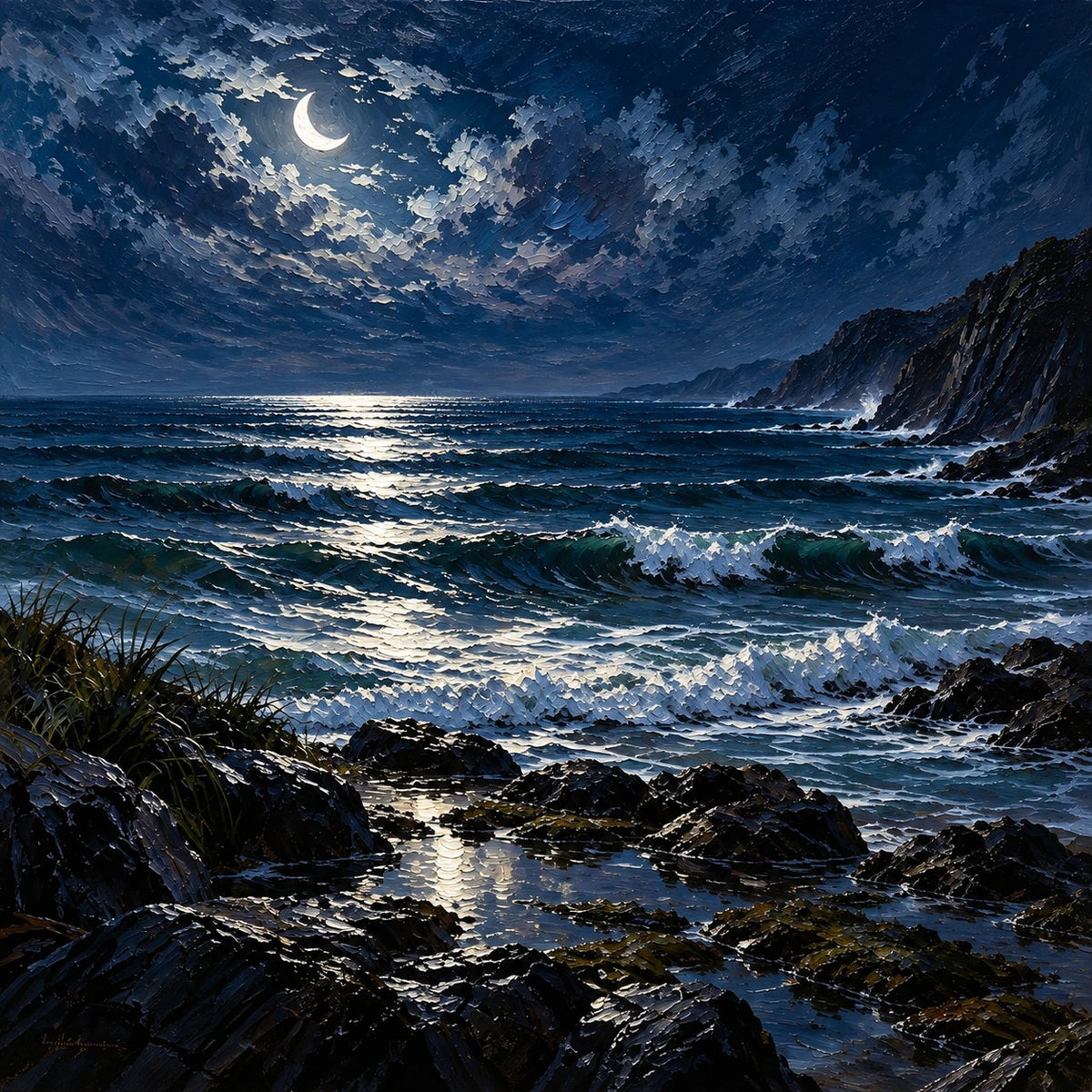 Crescent Moon Coastal Night [noon:detail:composition]