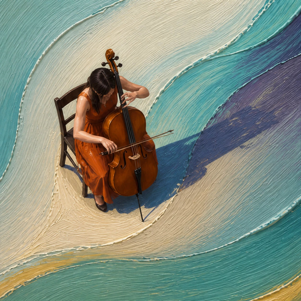 cellist in the current, composition