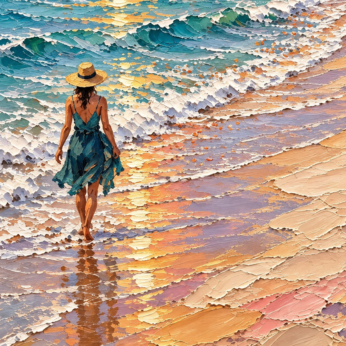 a walk along the sunset shore, composition