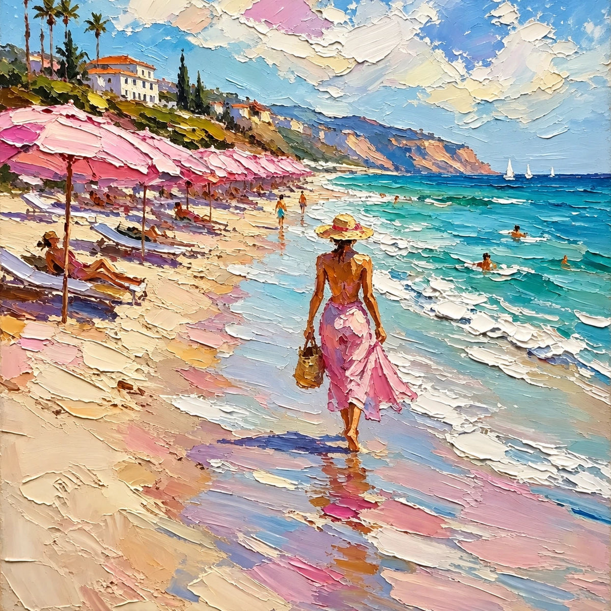 Pink Umbrellas by the Sea [noon:detail:composition]