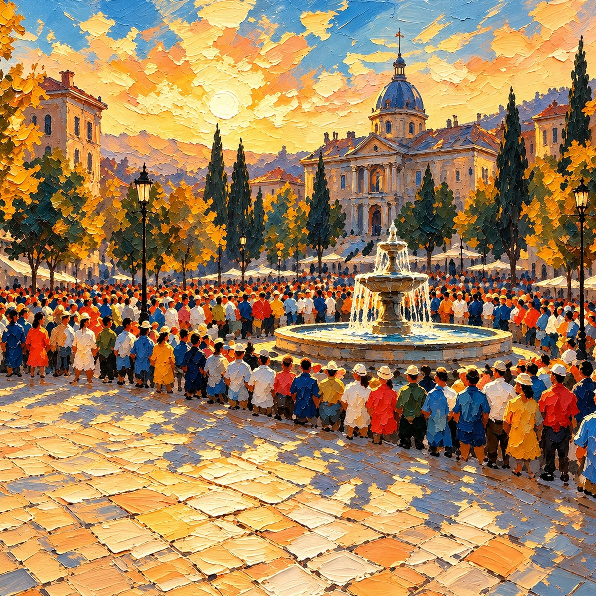 sunlit piazza gathering, composition