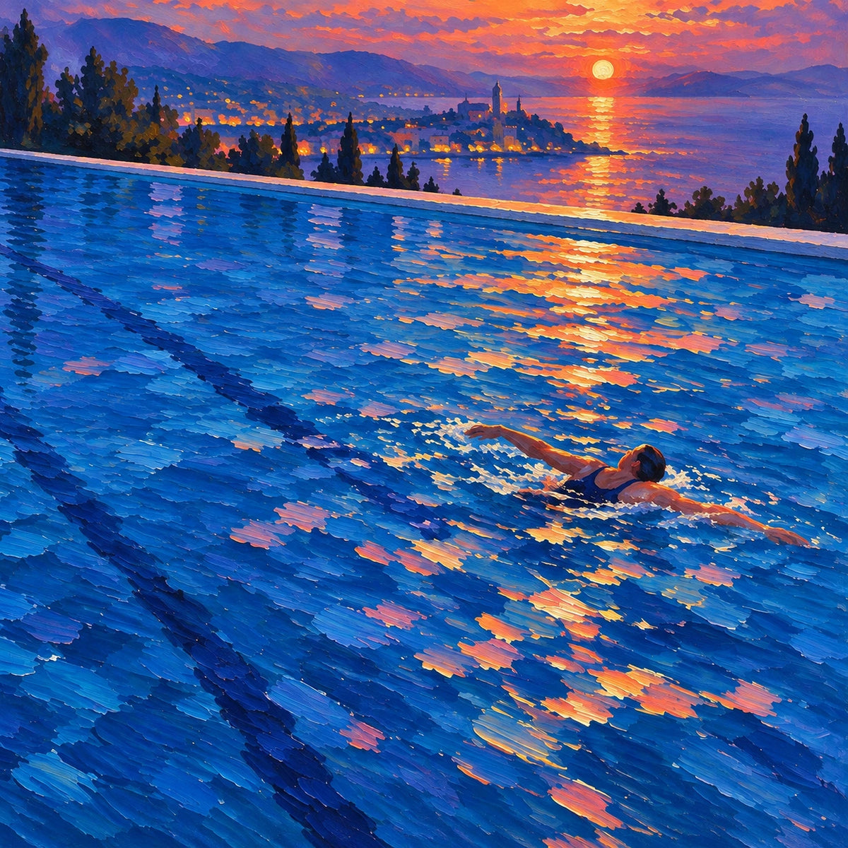 sunset pool by the sea, composition