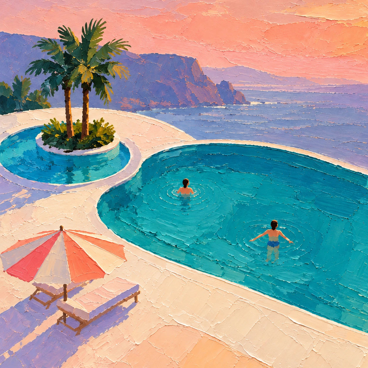 sunset pool over the sea, composition