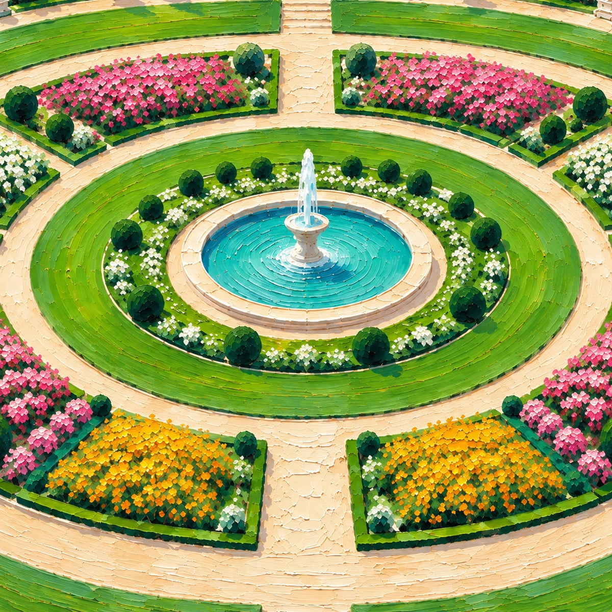 circular garden fountain, composition