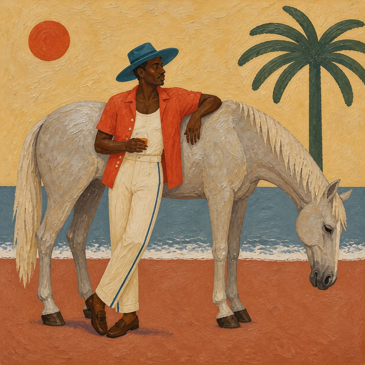 man and horse by the sea, composition