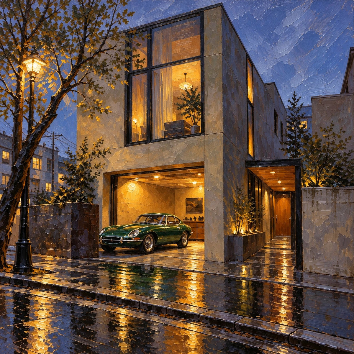 rainlit modern house, composition