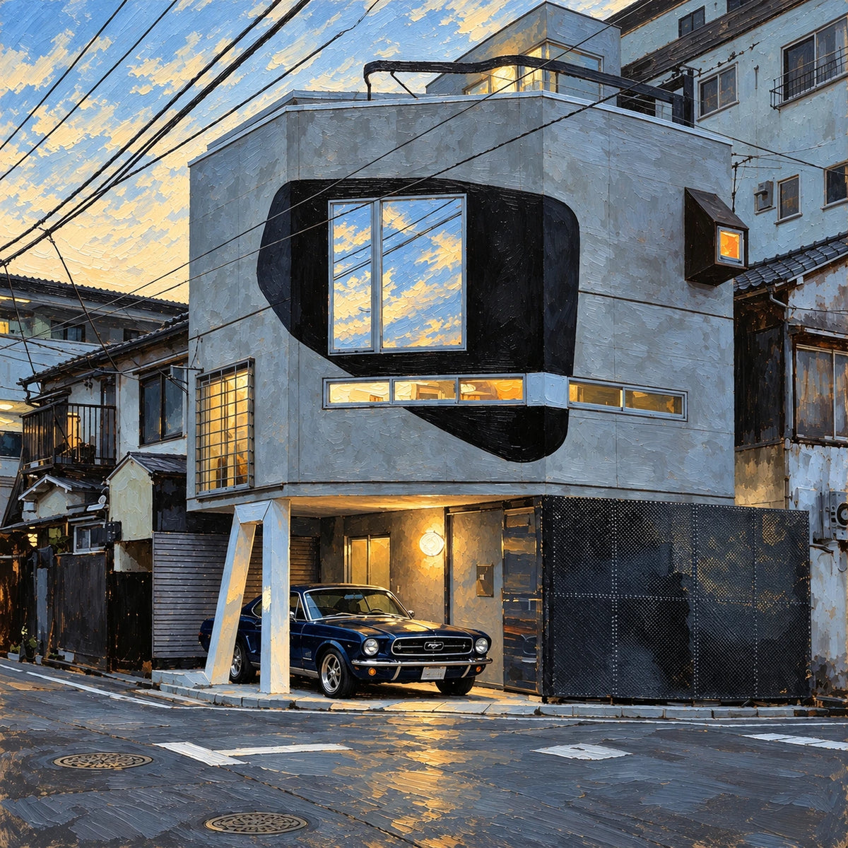 blue hour garage street, composition