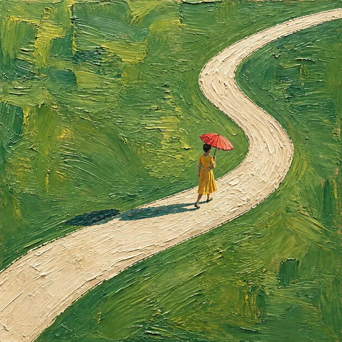 red umbrella walk, composition