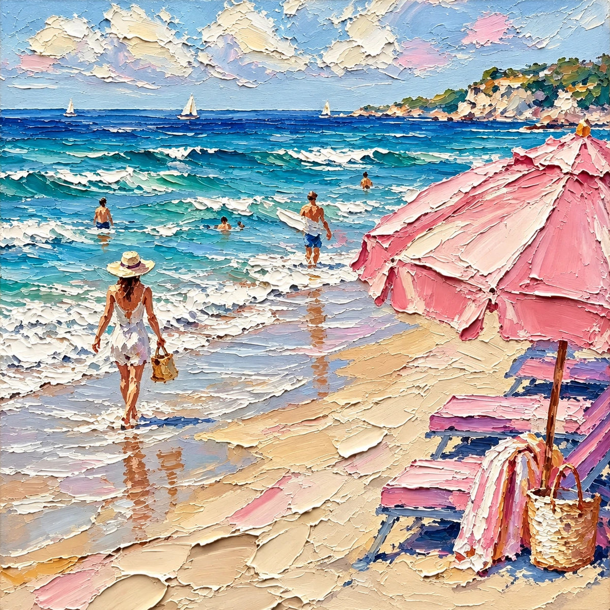 seaside pink umbrella, composition