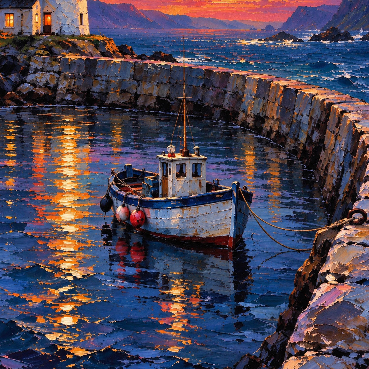 lighthouse harbor at dusk, composition