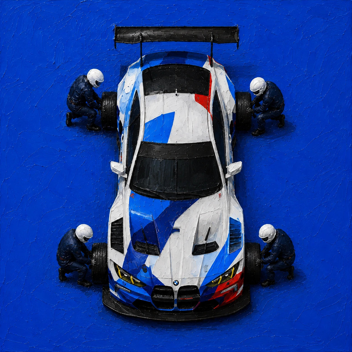 pit crew in blue, composition