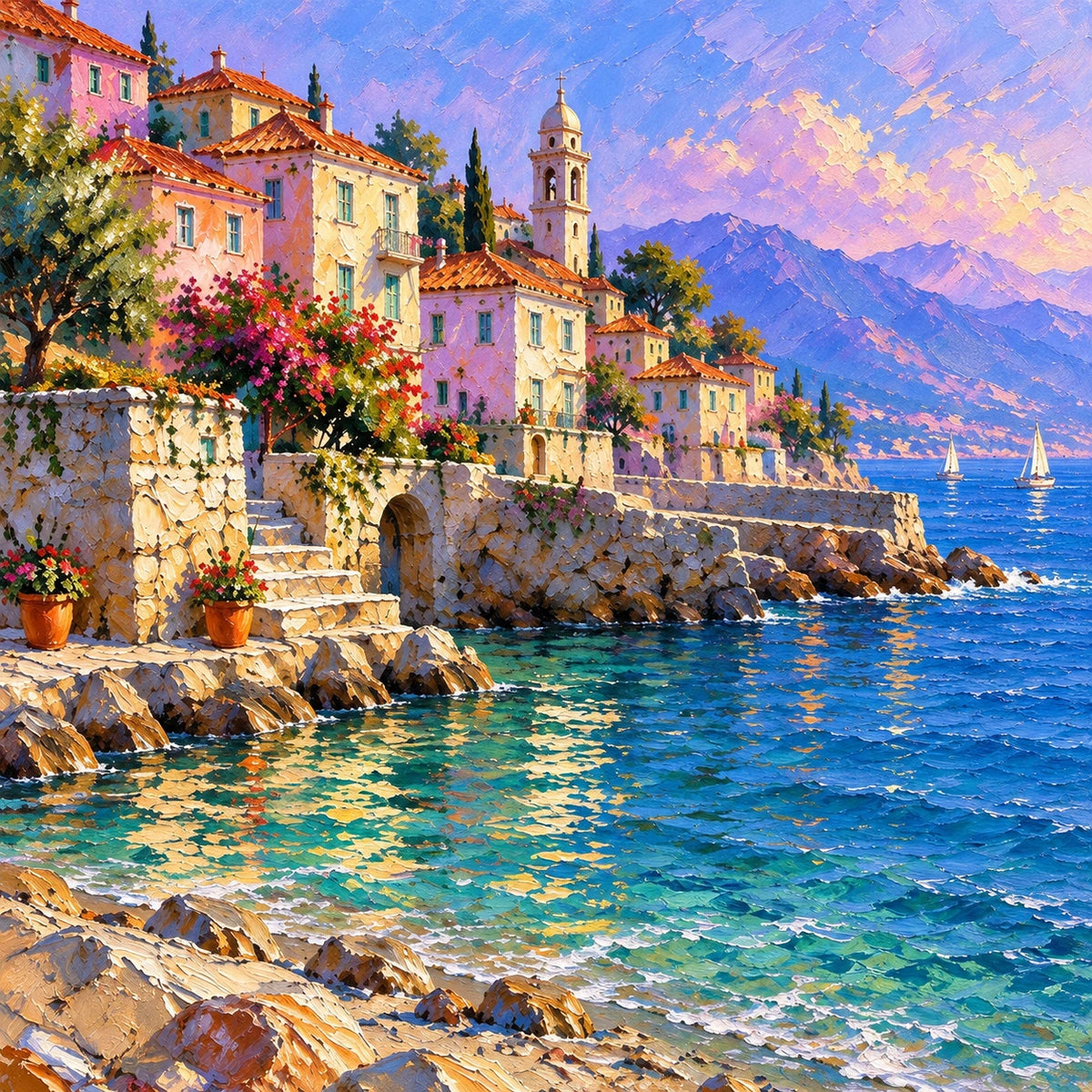 aegean village by the sea, composition