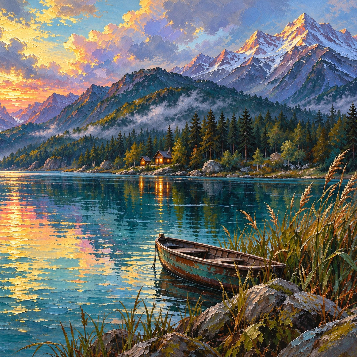 alpine lake at dusk, composition