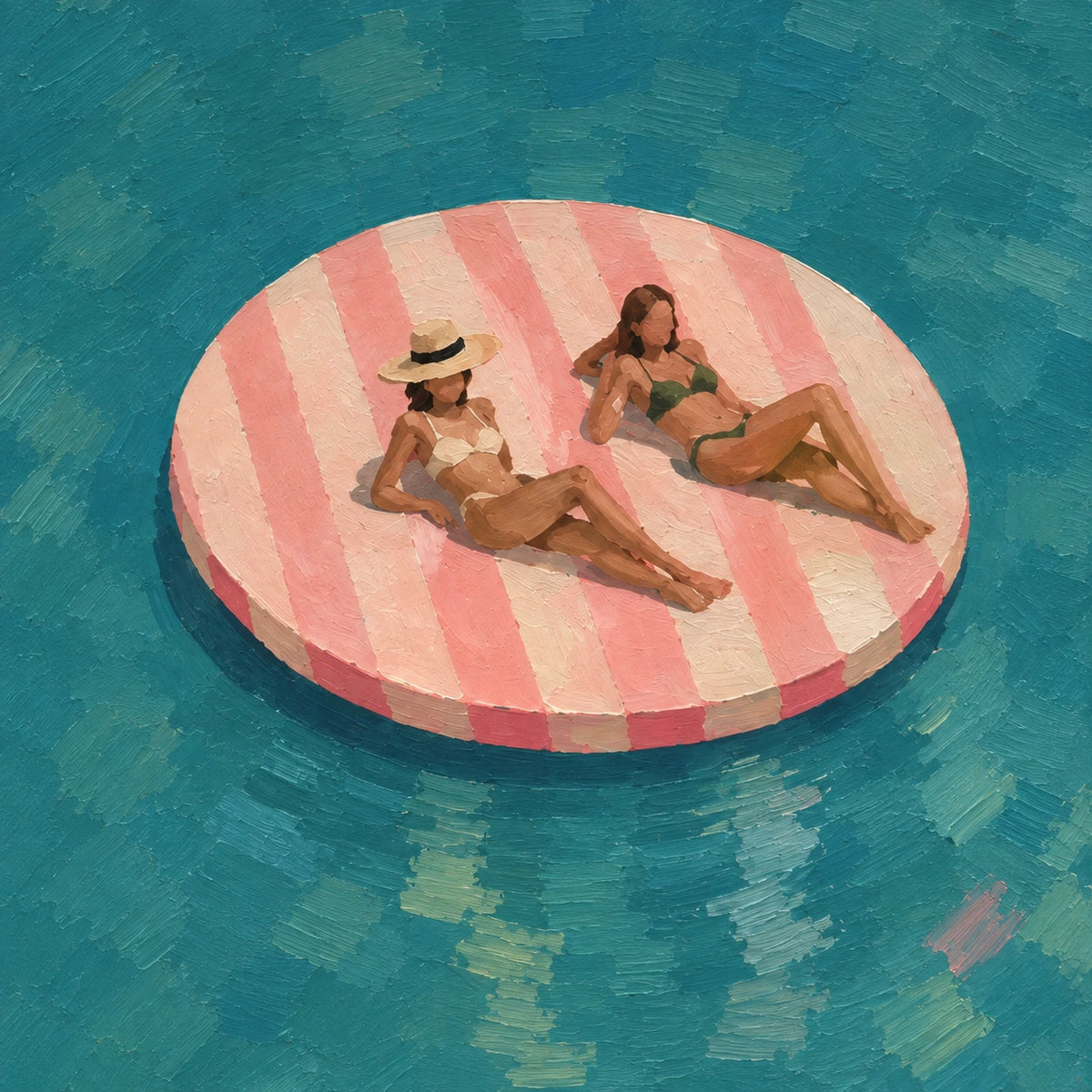 pink float in palm water, composition