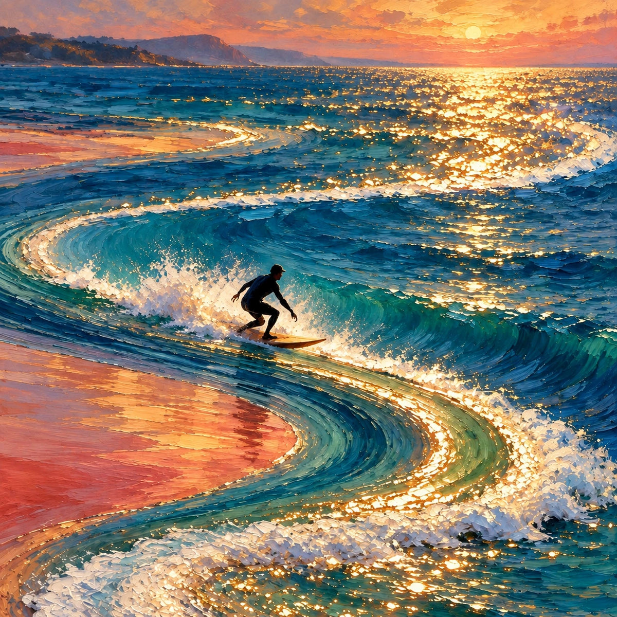golden break at sunset, composition